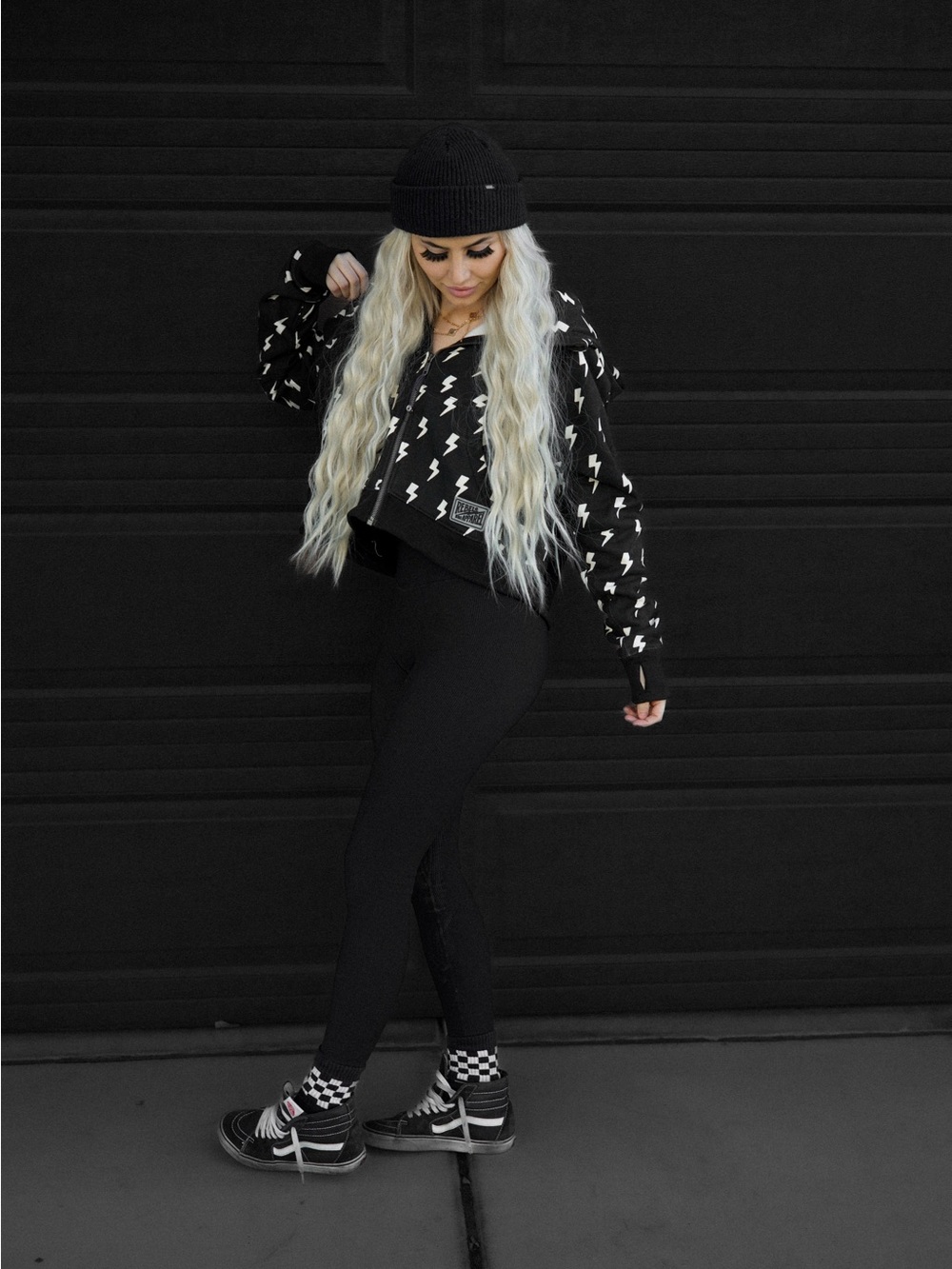 Full Zip Hoodie Black with White Lightning Bolts